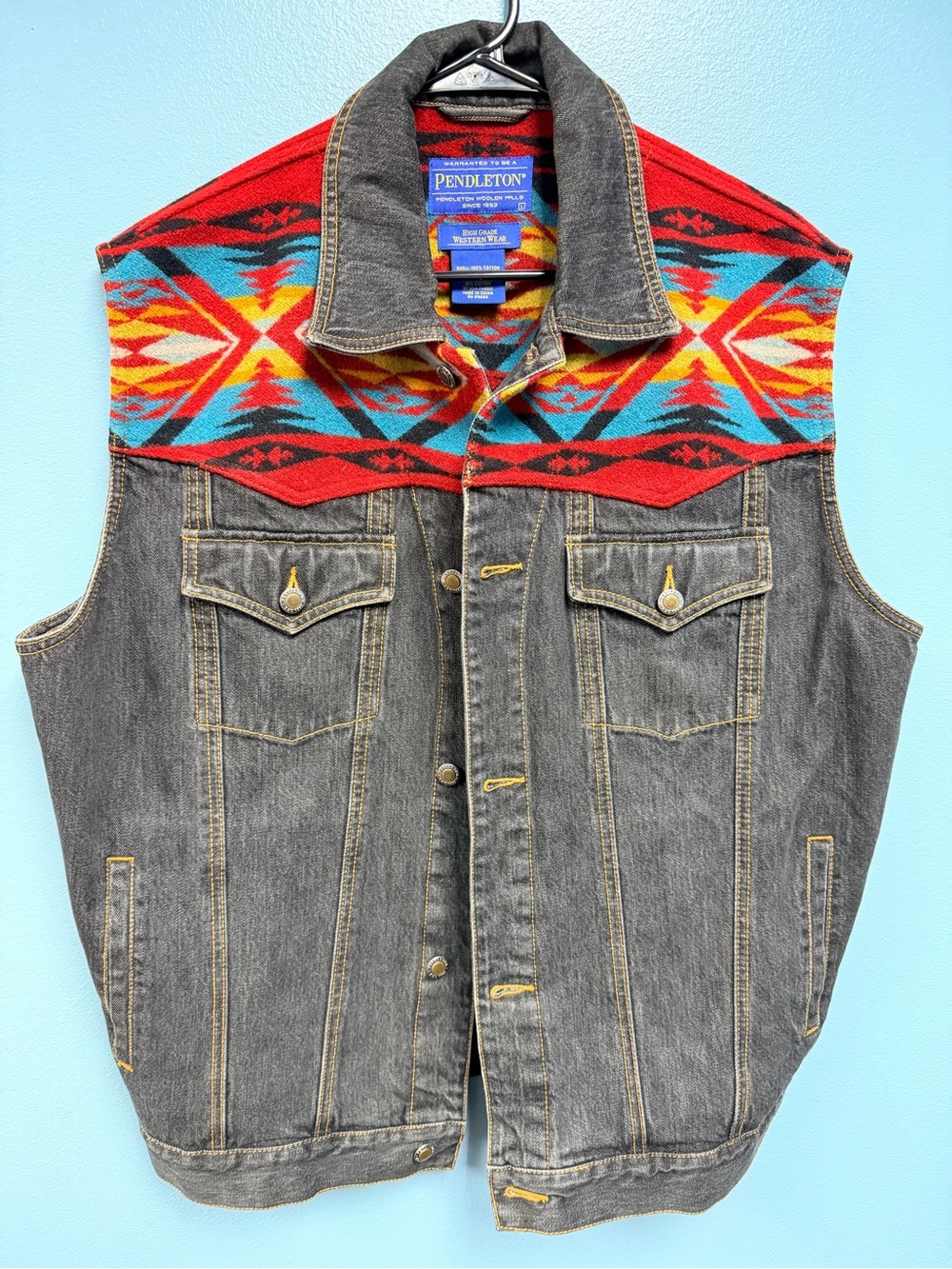 Pendleton Women’s Denim Vest with Red Aztec Yoke